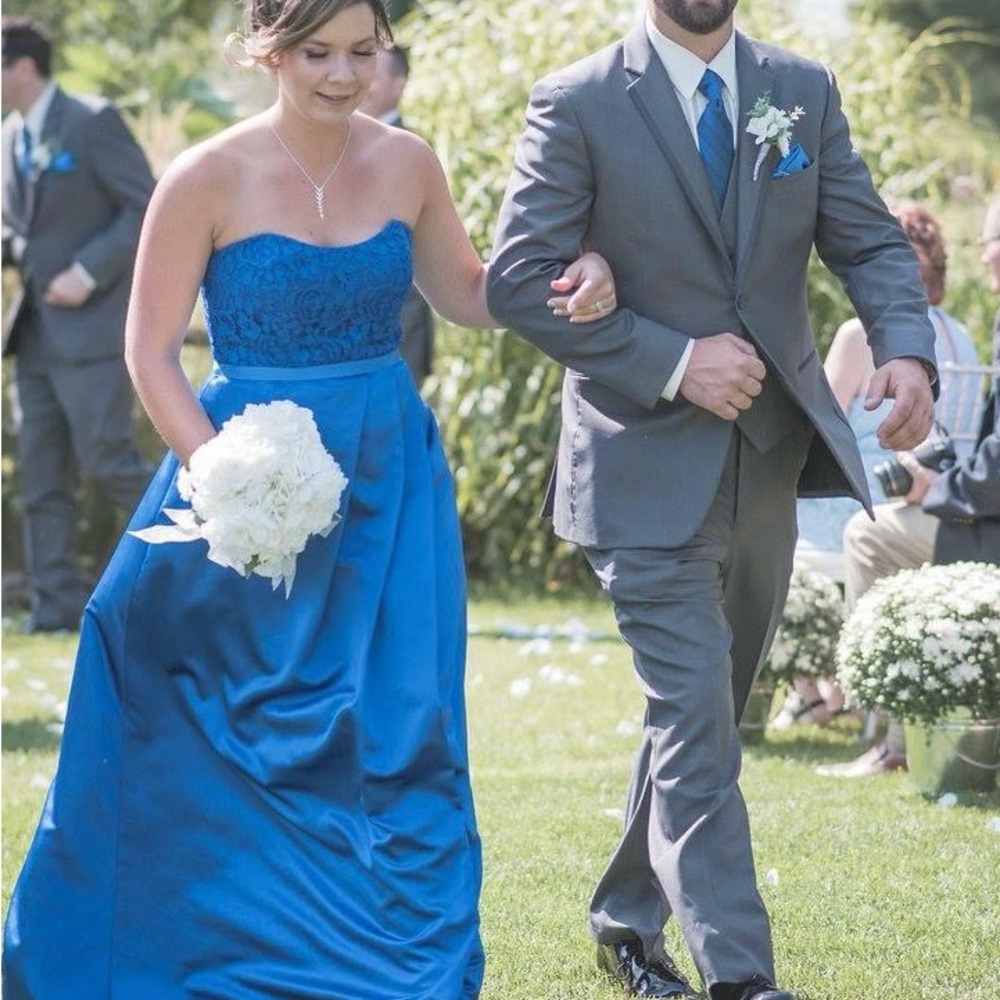 David's Bridal Strapless Sapphire Lace Bodice Gown - Picture 11 of 12